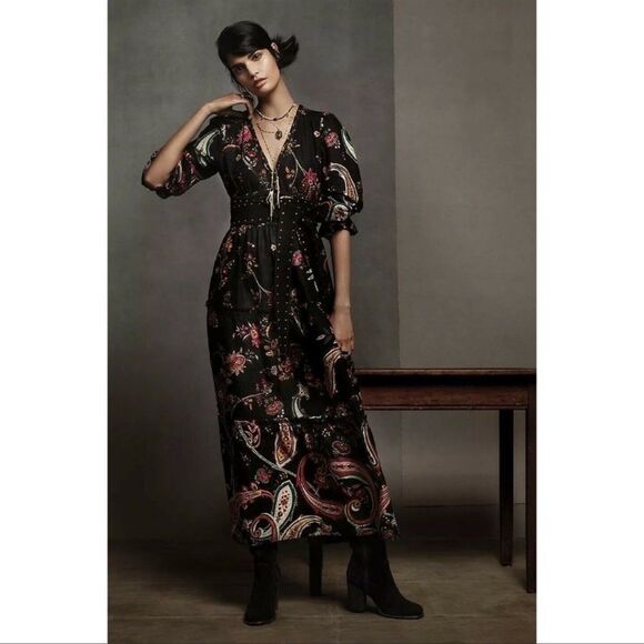 Anthropologie Black Floral Paisley Maxi Dress NWOT size 2 Boho - Picture 12 of 12